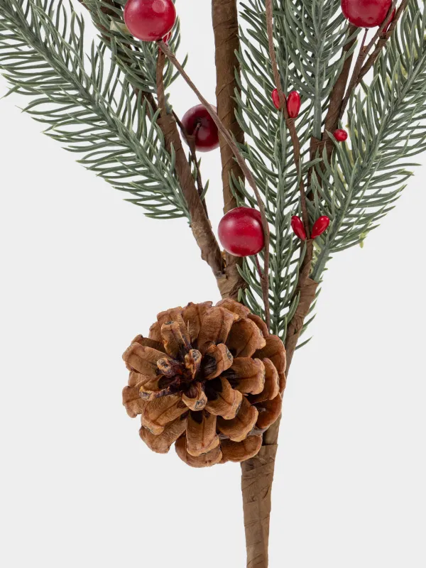 Decorative branch, 80 cm, plastic / foam, Red berries and needles, Red berry, image-2