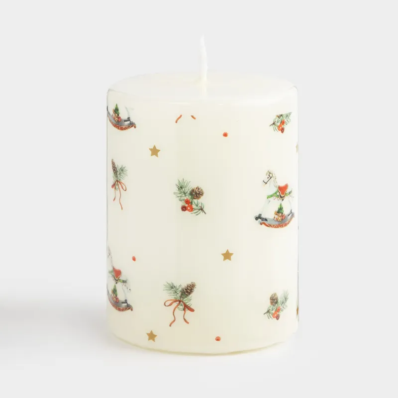 Candle, 7x9 cm, cylindrical, milky, Christmas attributes, Print candle