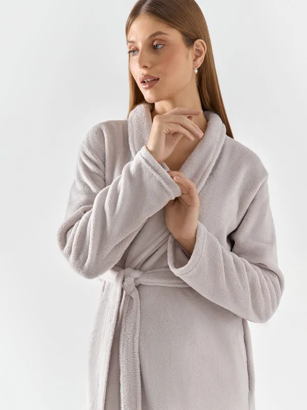 Women's robe, homewear, size S/M, with long sleeves, polyester, grey, Drew, image-2
