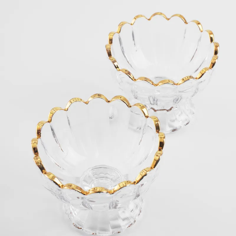 Cream bowl, 9x7 cm, 2 pcs, on a leg, glass R, with golden edging, Ribby gold, image-3