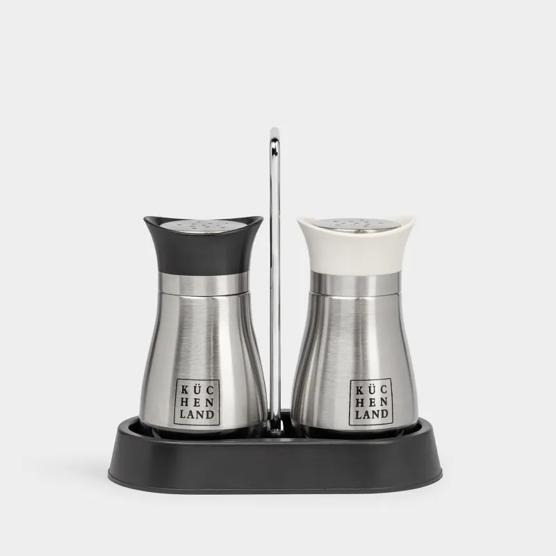 Salt and pepper set, 16 cm, on stand, steel / glass, black / beige, Classic