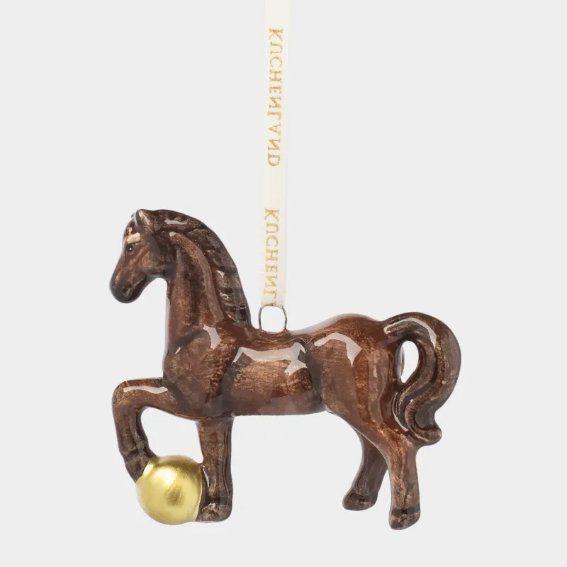 Christmas tree toy, 6/7 cm, illuminated, ceramic, brown and gold, Horse with ball, Figure christmas
