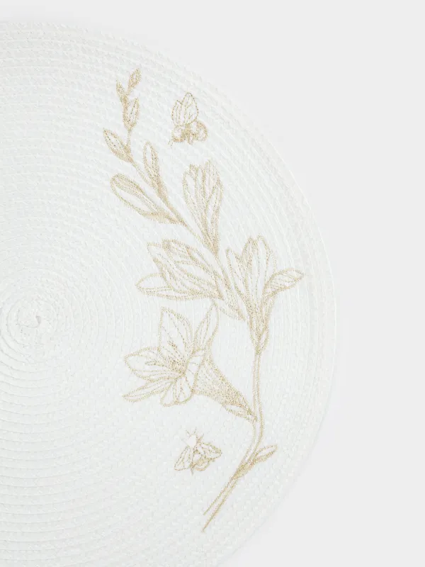 Placemat, 38 cm, polypropylene/PET, Round, Light grey, Flowers, Circle embroidery, image-2
