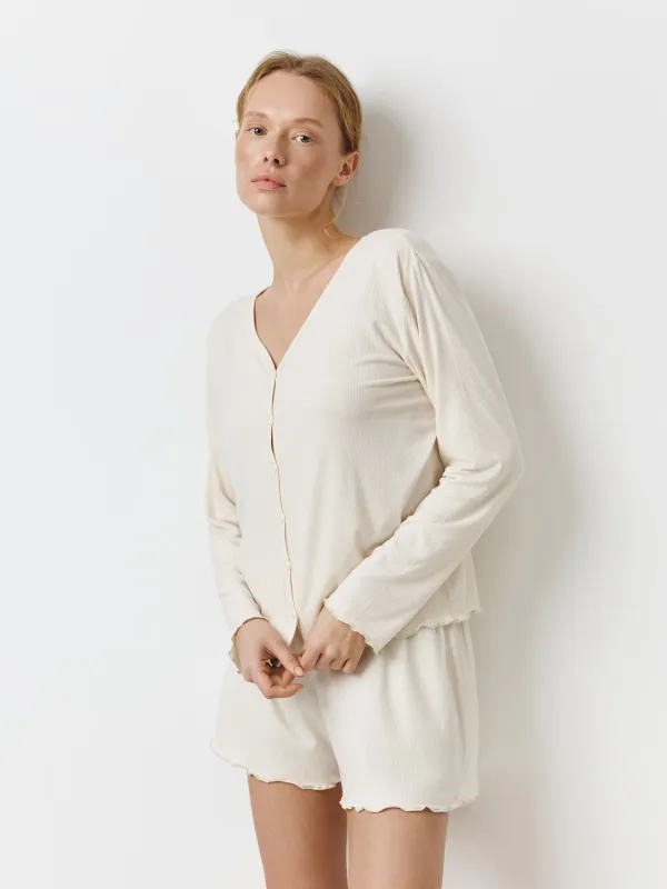 Women's cardigan, homewear, size L, with ruffles, modal / spandex, milky, Rosemary, image-0