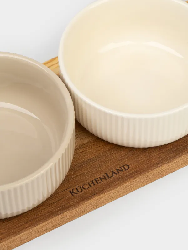 Snack set, 3 pcs, on a stand, ceramic / wood, mix, Ribbed bowls, Noble tree, image-2