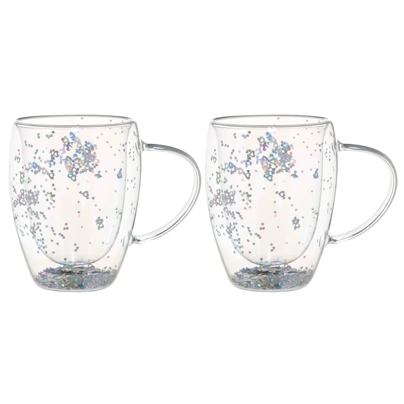 Mug, 330 ml, 2 pcs, B glass, mother of pearl, with silver hearts, Air sparkly, image-0
