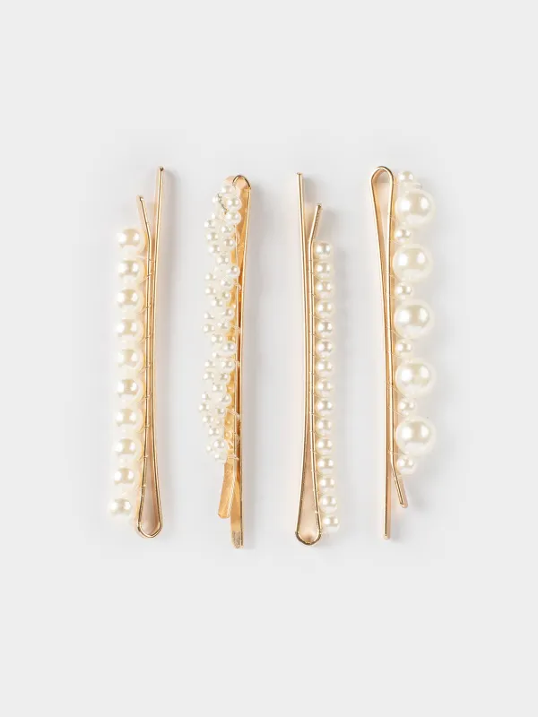 Hair clip set, 7 cm, 4 pcs, metal / plastic, milky, Beads, Pearl, image-2