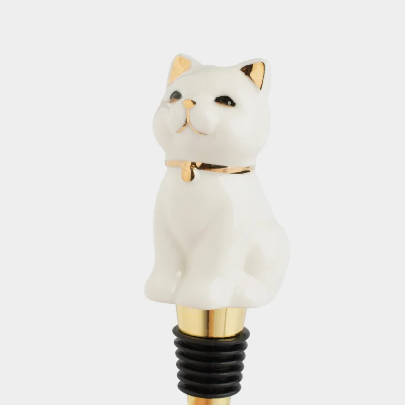 Bottle stopper, 13 cm, steel / porcelain P, white and gold, Cat, Cat, image-4