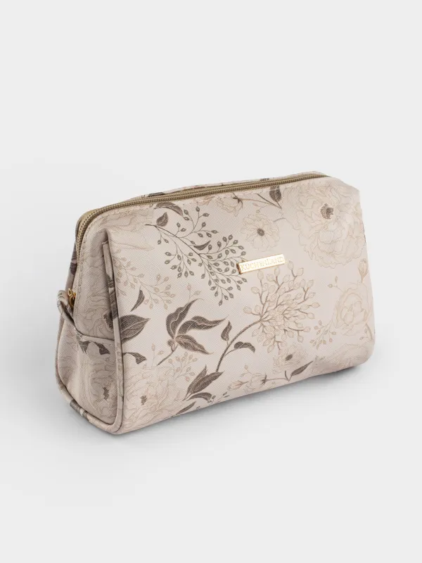 Cosmetic bag, 21x13 cm, polyurethane, beige, Brown flowers, Brown flowers, image-1
