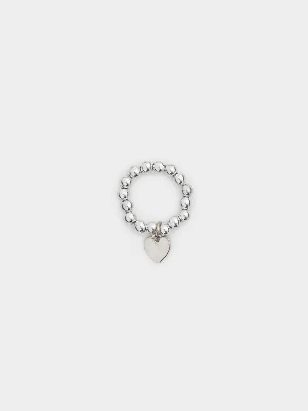 Ring, size S-M, single size, plastic, silver, Heart, Pearl heart, image-0