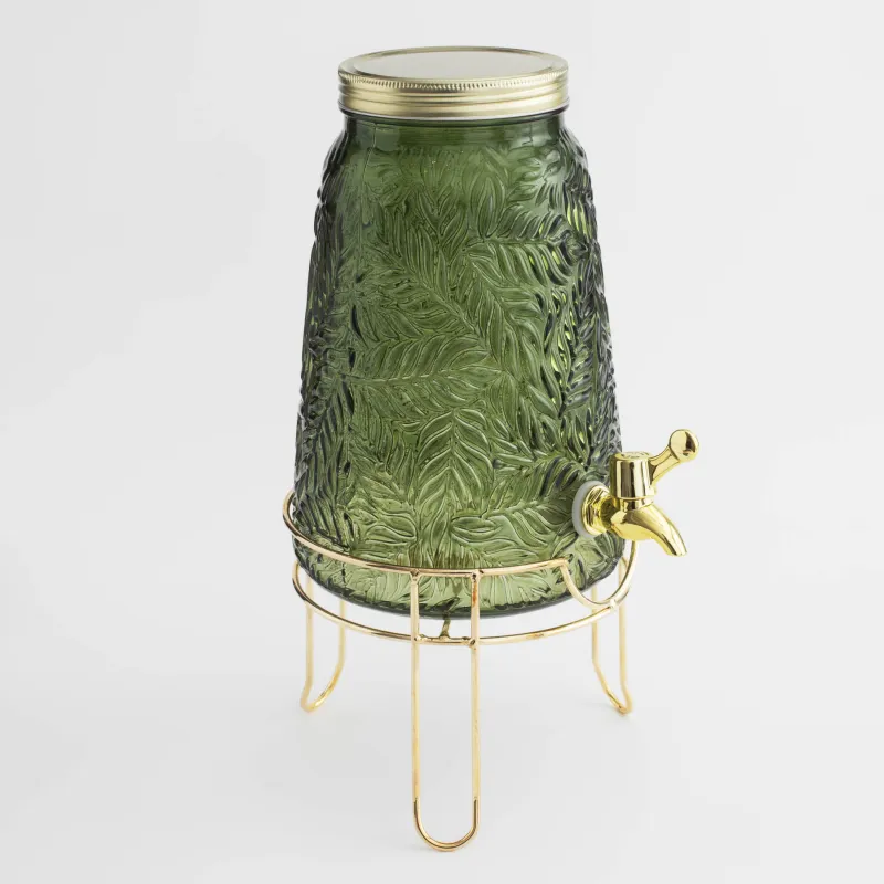 Drink dispenser, 3.5 L, on stand, glass R / metal, dark green, Leaves, Royal jungle