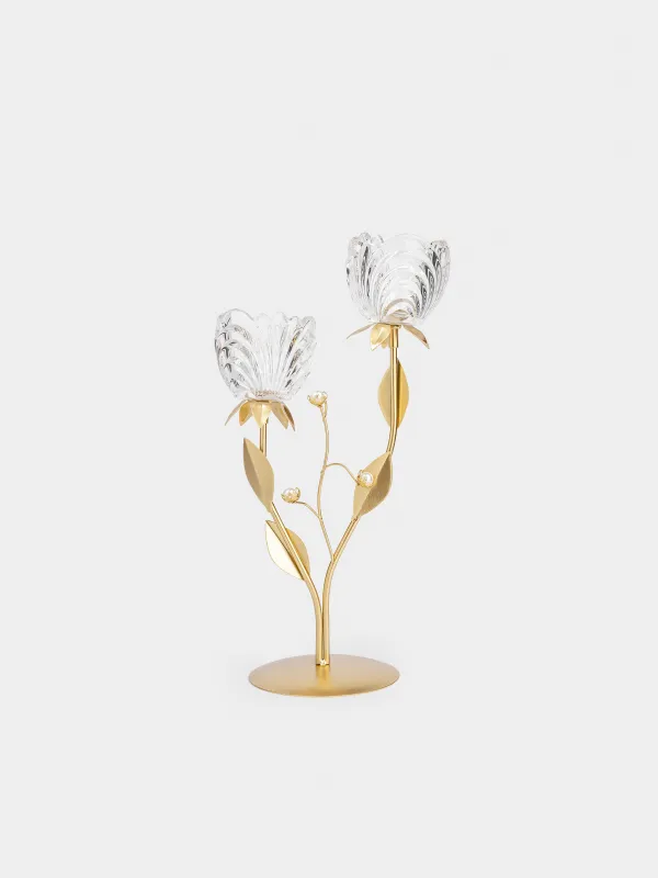 Candle holder, 39 cm, 2 tea candles, glass / metal, bronze, Flowers with beads, Fantastic flowers, image-0