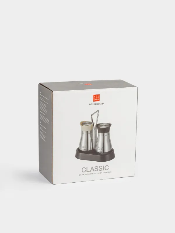 Salt and pepper set, 16 cm, on stand, steel / glass, black / beige, Classic, image-5