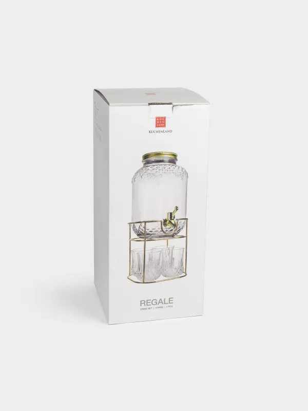 Set for drinks, 4 pers, 5 pr, dispenser on stand, gold, glass / metal, Regale, image-13