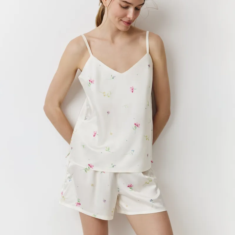 Women's shorts, homewear, size L, polyester, milky, Flowers, Sevilla