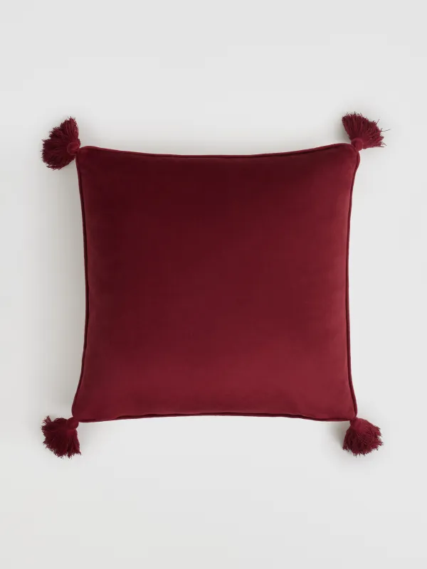 Decorative pillow, 45x45 cm, with tassels, velvet / lurex, burgundy-milk, Horse, Warhorse, image-1