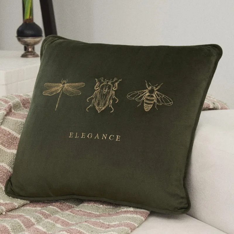 Decorative pillow, 45x45 cm, velvet, green, Bugs, Bugs