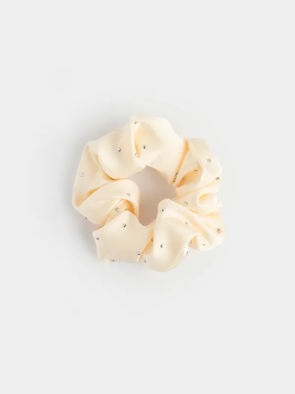  Elastic hair band, 6 cm, with rhinestones, polyester, milky, Silk, image-0