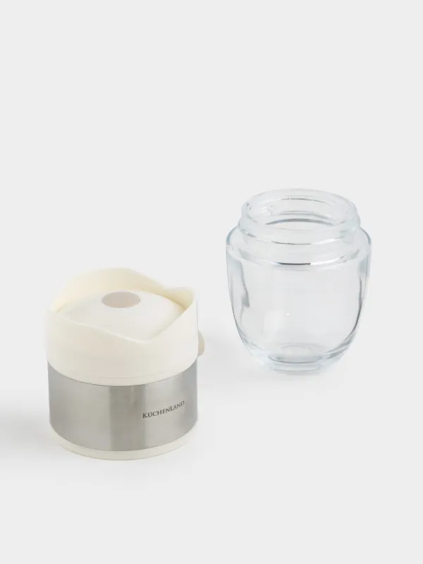 Salt or pepper container, 12 cm, with button, glass / plastic, milky, Milk kitchen, image-4