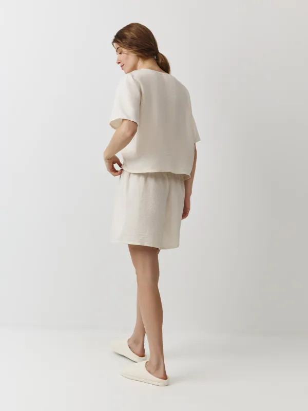 Women's shirt, homewear, size L, short sleeve, polyester, milky, Marlla, image-3