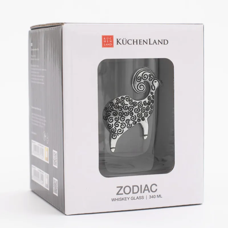 Whiskey glass, 10 cm, 340 ml, glass / metal, silver, Aries, Zodiac, image-5