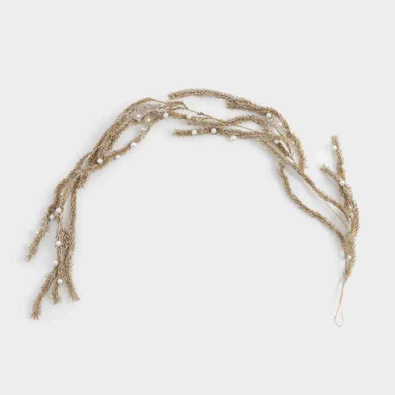 Decorative garland branch, 1.2 m, plastic / metal, champagne, Needles and beads, Conifer champagne