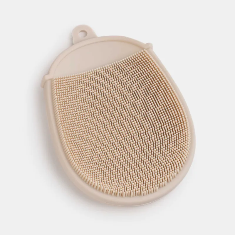 Body wash mitten brush, 13 cm, double-sided, silicone, beige, Bath, image-1