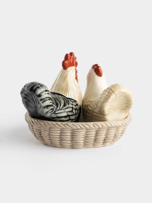 Salt and pepper set, 13 cm, on a stand, ceramic, Rooster and chicken in a basket, Rooster, image-2