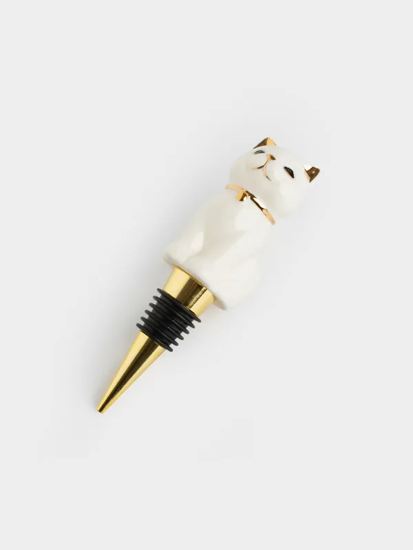 Bottle stopper, 13 cm, steel / porcelain P, white and gold, Cat, Cat, image-1