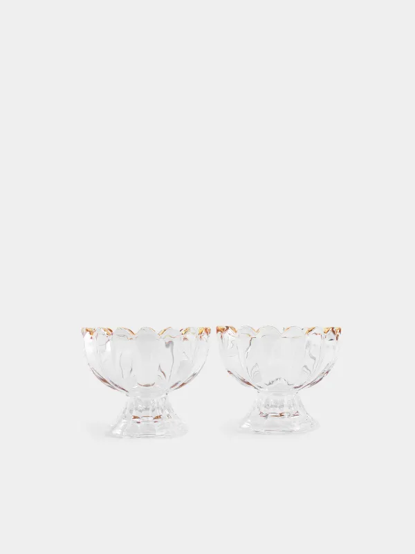 Cream bowl, 7 cm, 2 pcs, on a leg, glass R, with golden edging, Ribby gold, image-0