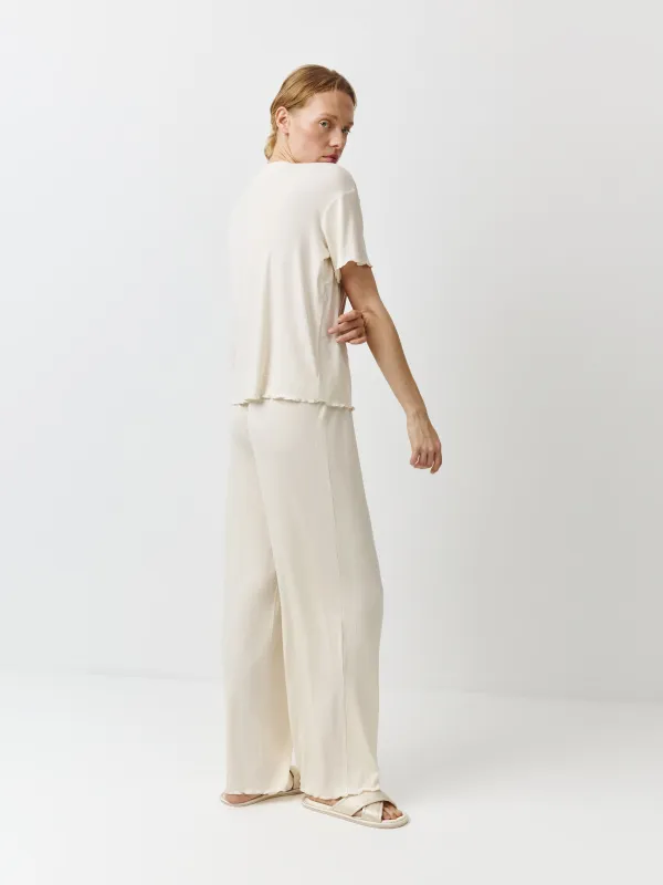 Women's trousers, homewear, size L, with ruffles, modal/spandex, milky, Rosemary, image-3