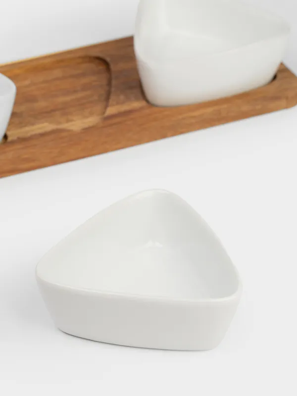 Snack set, 3 items, on a stand, ceramic / wood, white, Triangles, Noble tree, image-3