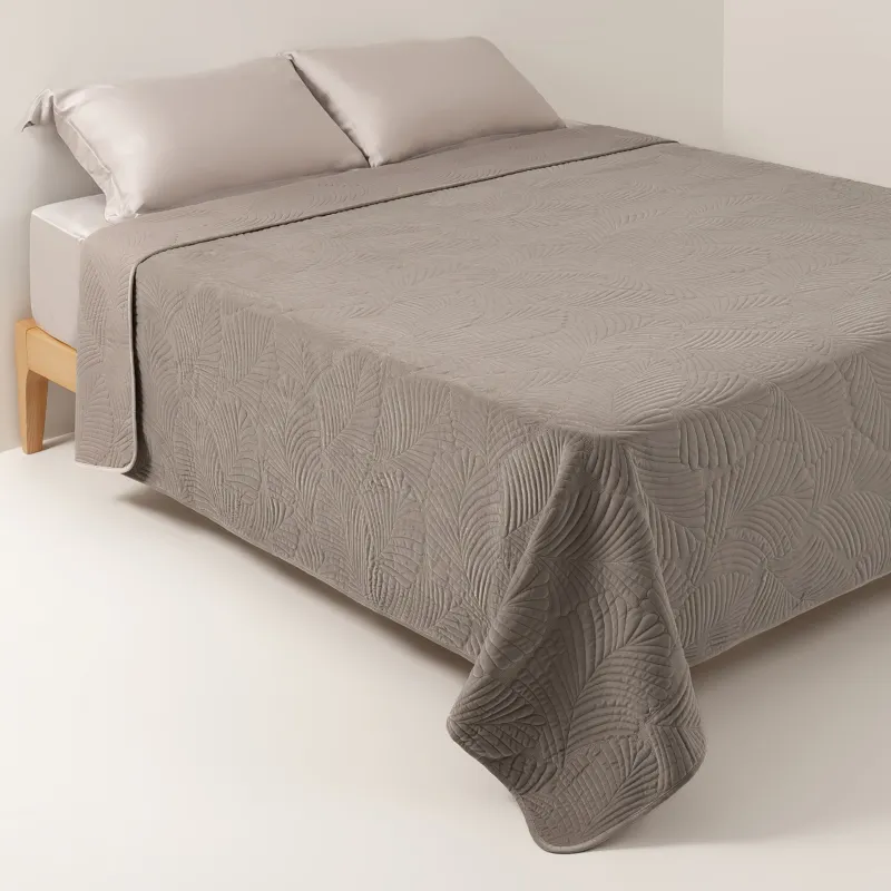Bedspread, 240x260 cm, quilted, polyester, brown, Palm leaf, Stitch velvet
