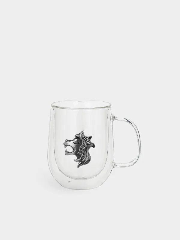 Mug, 350 ml, glass B / metal, silver, Lion, Air zodiac, image-0