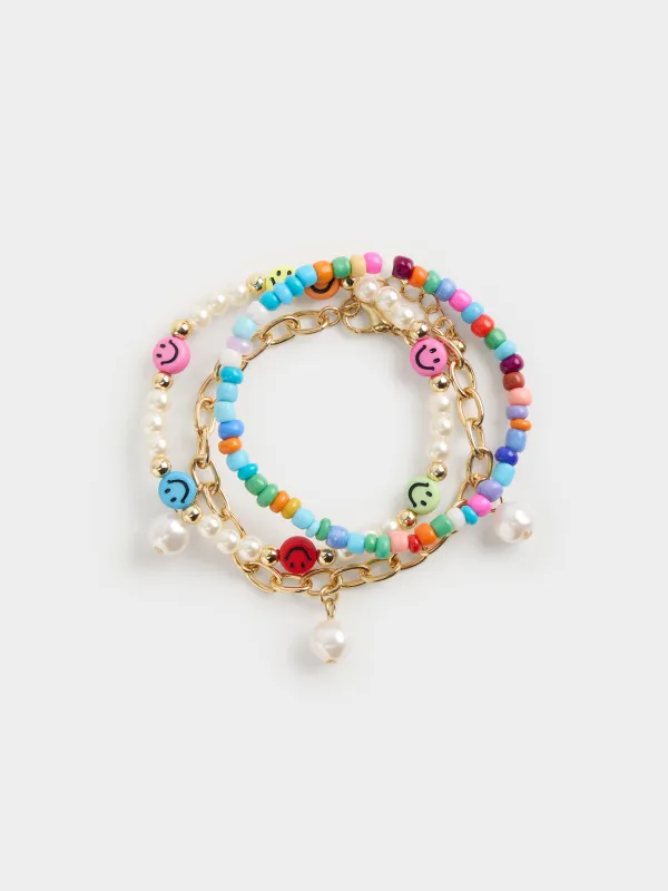 A bracelet, 18/20 cm, 3 pcs, plastic / metal, mix, emoticons and pearls, Pearl color, image-0