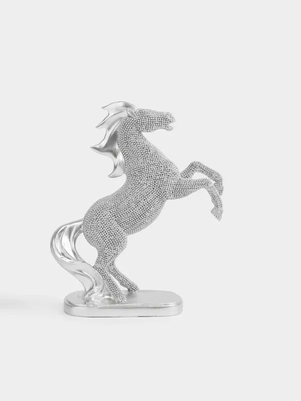 Statuette, 23 cm, polyresin, silver, Horse on hind legs, Horse silver, image-0