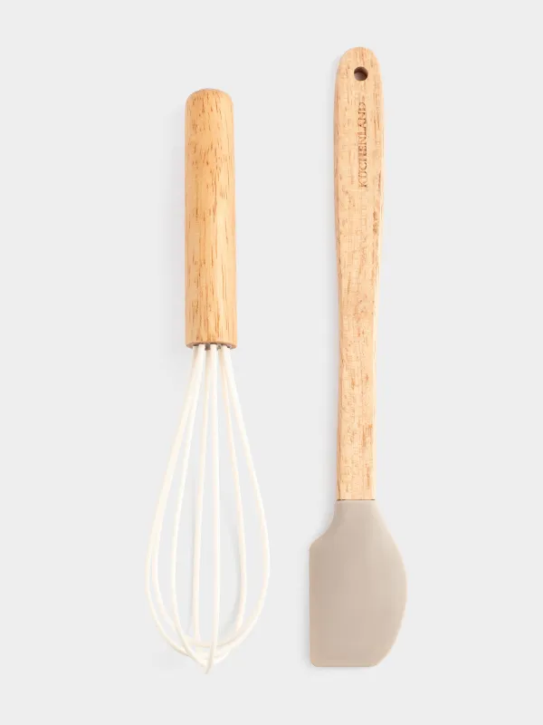 Kitchen accessories set, 2 items, spatula/whisk, silicone / wood, mix, Bakery wood, image-0