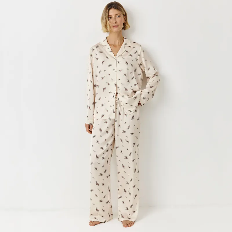 Women's trousers, homewear, size L, polyester, milky, Flowers, Roktania