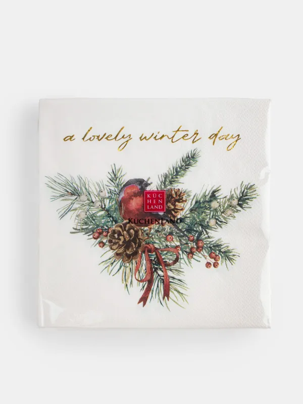 Paper napkins, 33x33 cm, 20 pcs, square, white, Bullfinch on a branch, Christmas miracle, image-4