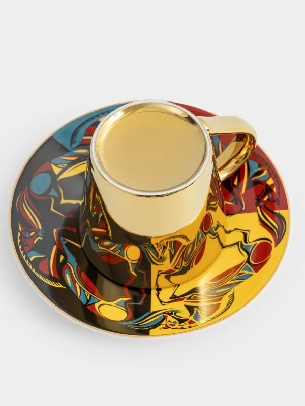 Tea pair, 1 person, 2 items, 300 ml, porcelain P, golden, Horses, Horse art, image-3