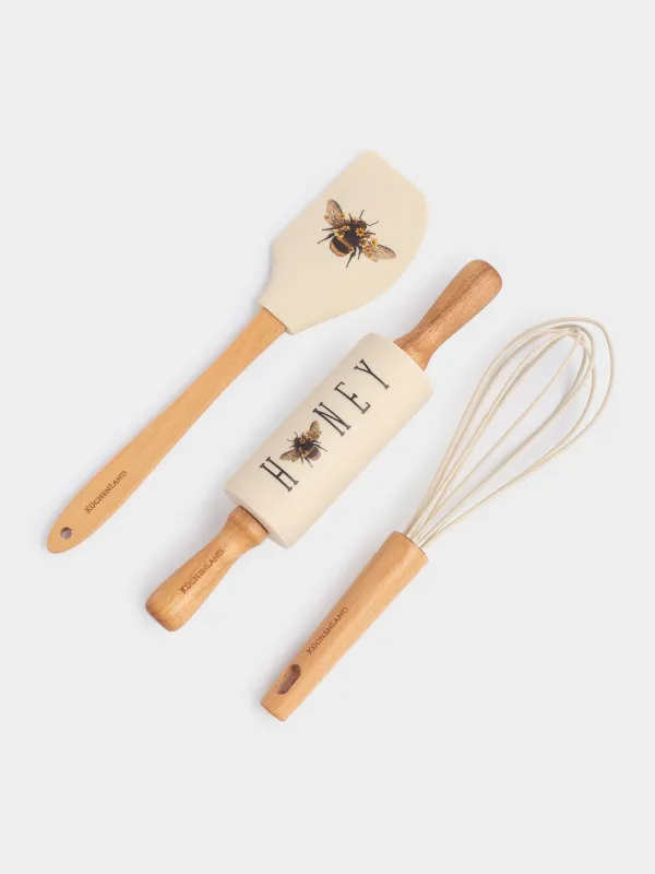 Baking set, 3 items, spatula /whisk/Rolling pin, silicone / wood, beige, Bumblebee, Honey, image-1