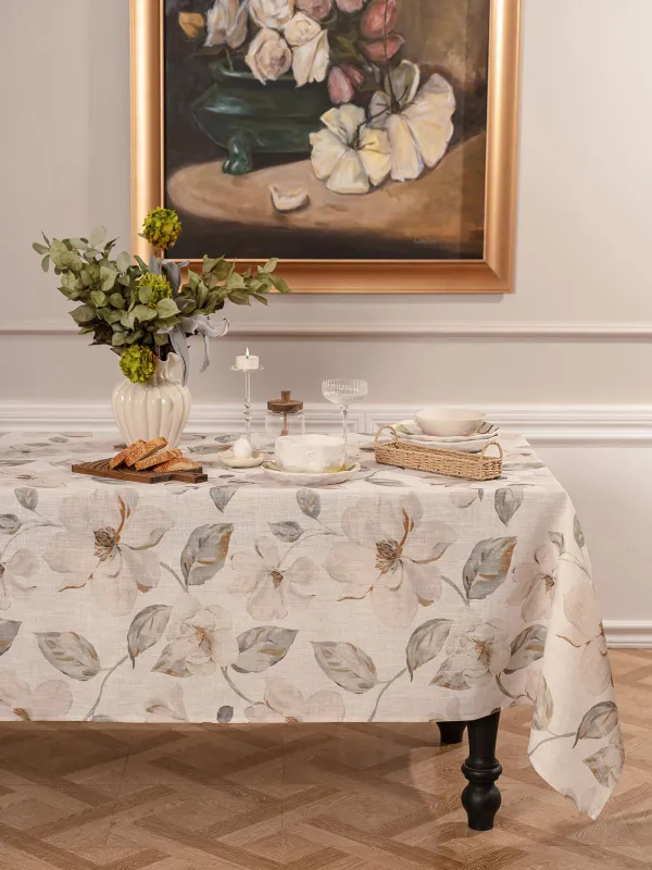 Tablecloth, 160x160 cm, polyester / linen, milk yellow, Flowers, Flowery flax, image-0