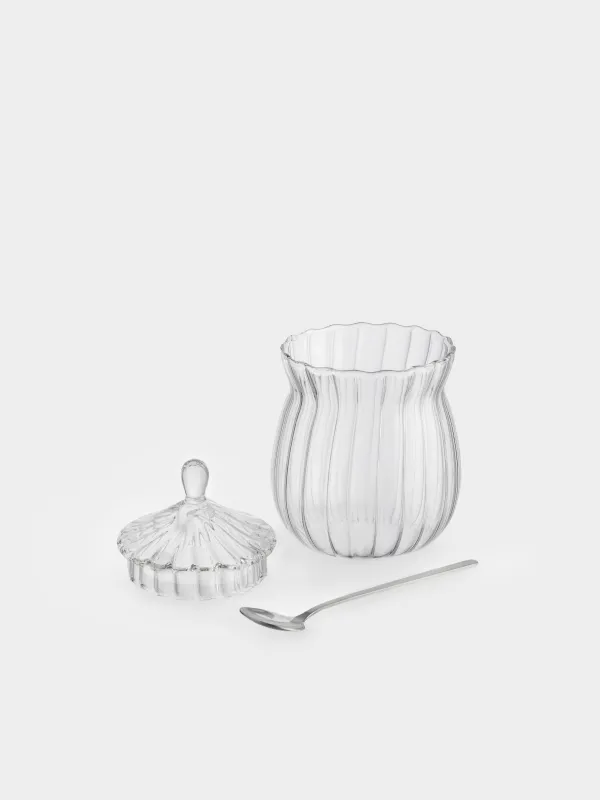 Sugar bowl, 12 cm, 350 ml, with spoon, glass R / steel, Camellia, image-5