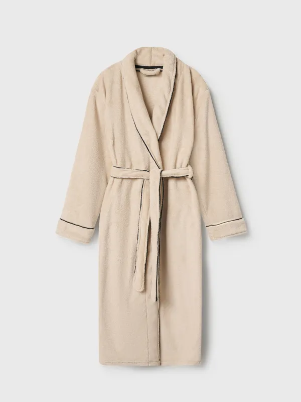 Women's robe, homewear, size S-M, with long sleeves, fleece, beige, Black edging, Jack, image-5