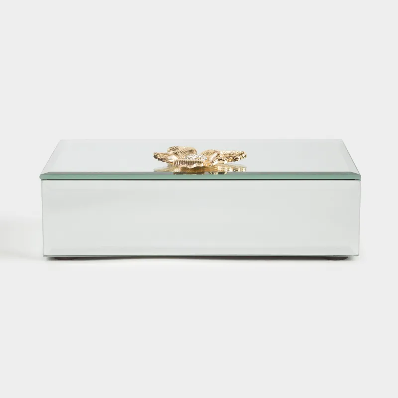Jewelry box, 15x9 cm, glass, Mirror, Golden flower, Glossy, image-1