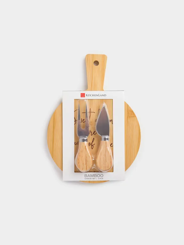 Cheese set, 3 items, dish board with handle, bamboo / steel, round, Cheese, bamboo, image-5