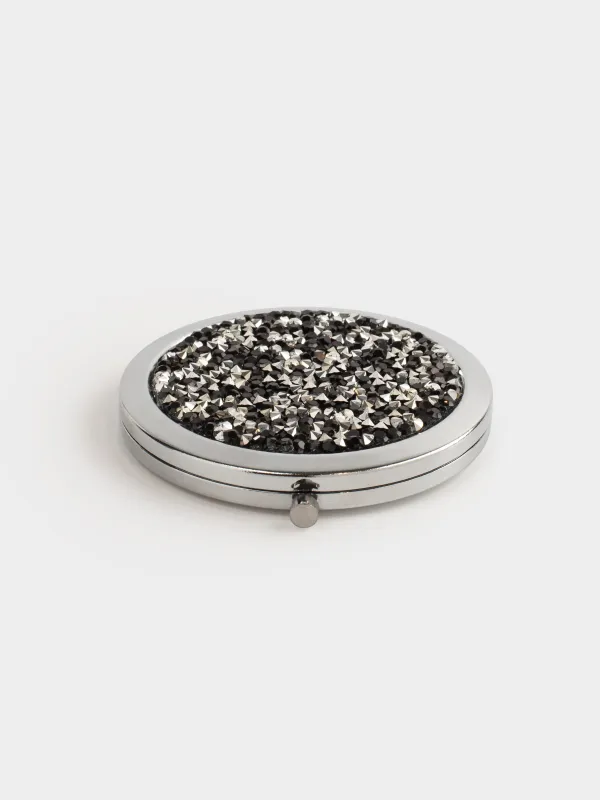 Pocket mirror, 7 cm, double-sided, steel, silver, Black sequins, Actress, image-2