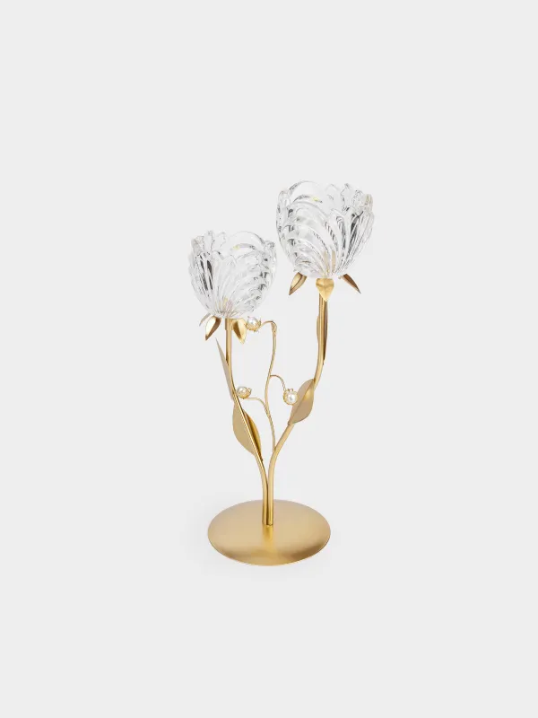 Candle holder, 39 cm, 2 tea candles, glass / metal, bronze, Flowers with beads, Fantastic flowers, image-2