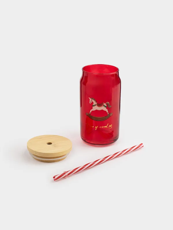 Beverage can, 450 ml, with a lid and a straw, glass, red, Horse, Crystal drink, image-2