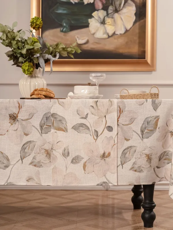 Table runner, 40x160 cm, polyester / linen, milky yellow, Flowers, Flowery flax, image-1